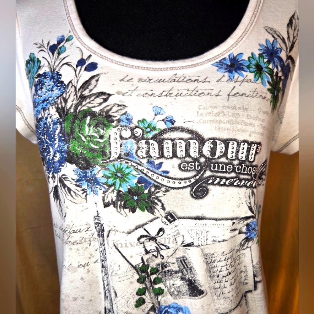 ✨️UPDATED✨️ VTG Y2K Blue Canyon Paris Graphic Tee Rhinestone Eiffel Tower Top M - Picture 8 of 15